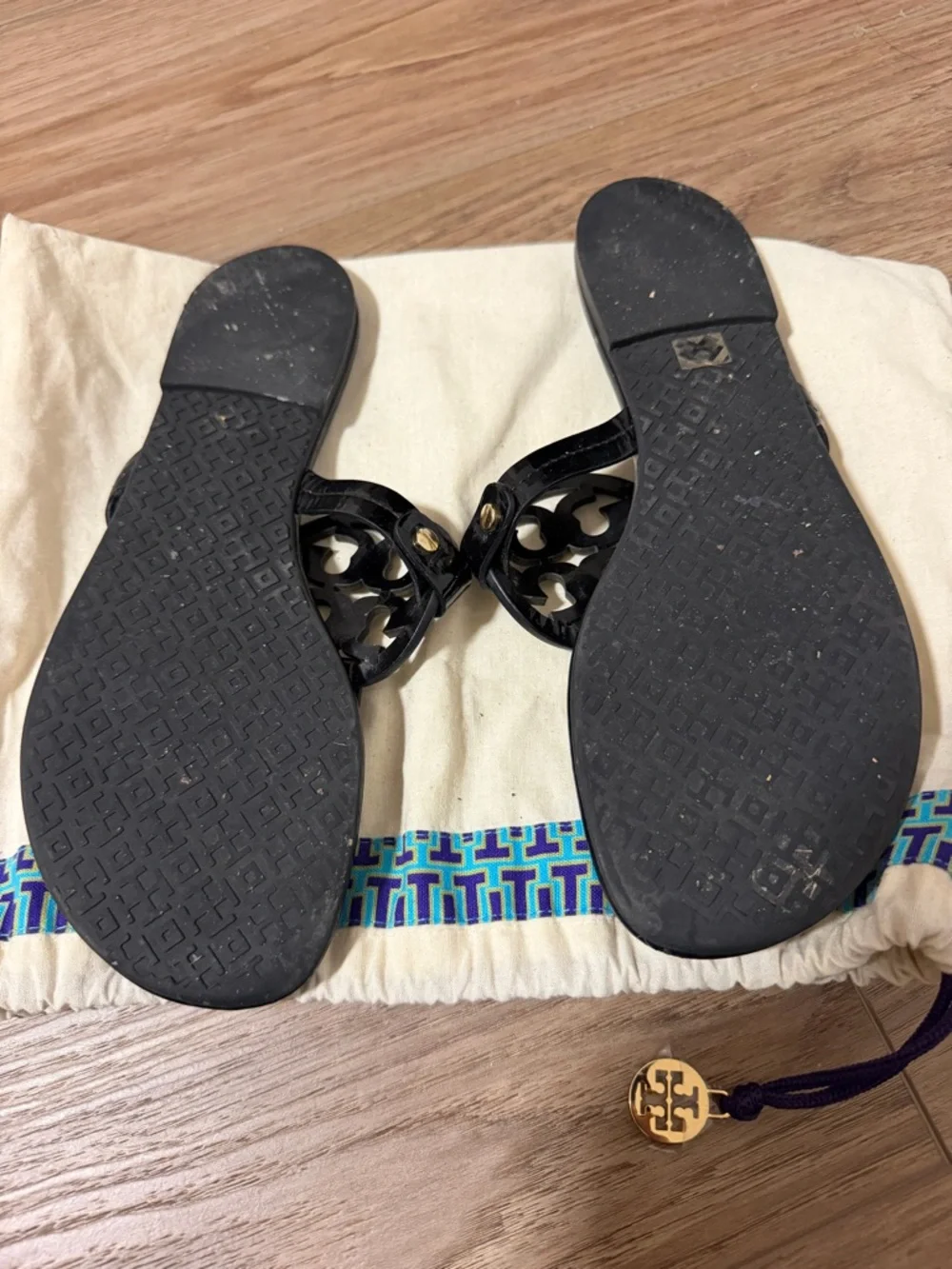 Tory Burch Black Patent Miller Thong Sandals with Gold Accents